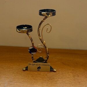 Gold and Black Two-Arm Metal Candle Holder with Blue-Red Accent